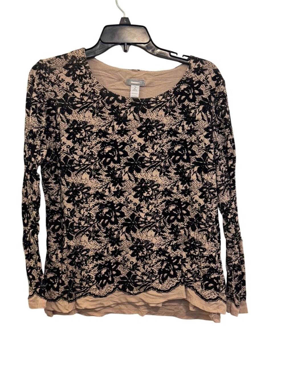 Chicos Black Beige Floral Lace Long Sleeve Top Size 2 Nylon Lightweight Layered